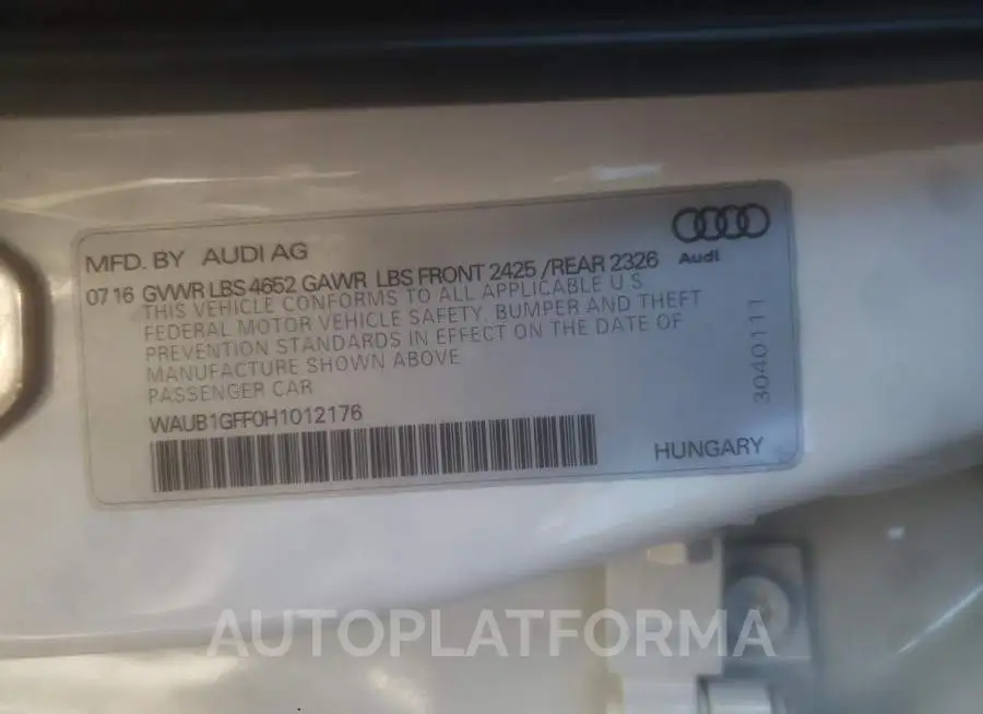 AUDI S3 PREMIUM 2017 vin WAUB1GFF0H1012176 from auto auction Copart