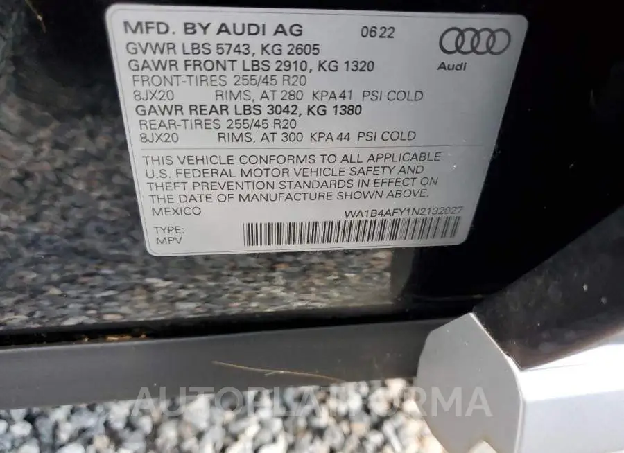 AUDI SQ5 PREMIU 2022 vin WA1B4AFY1N2132027 from auto auction Copart