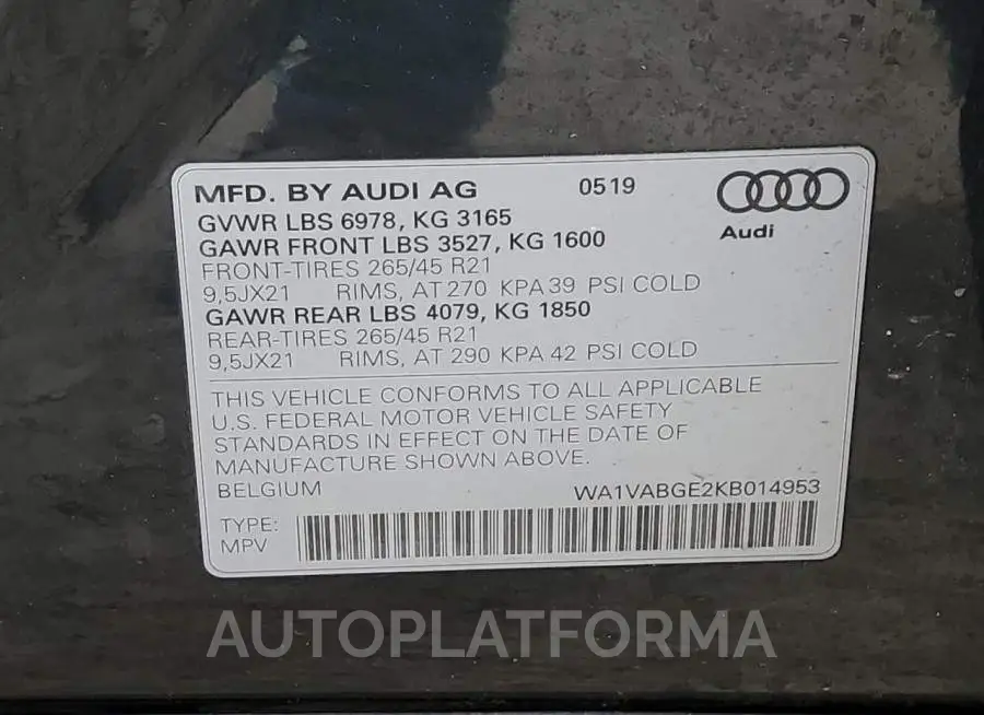 AUDI E-TRON PRE 2019 vin WA1VABGE2KB014953 from auto auction Copart