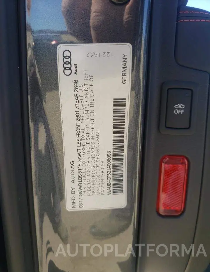 AUDI S5 PREMIUM 2018 vin WAUB4CF52JA006098 from auto auction Copart