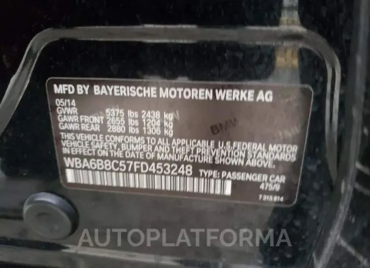 BMW 640 XI GRA 2015 vin WBA6B8C57FD453248 from auto auction Copart