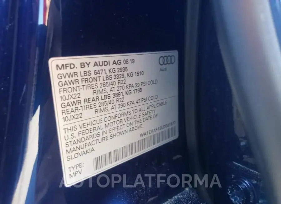 AUDI Q8 PREMIUM 2020 vin WA1EVAF19LD001877 from auto auction Copart