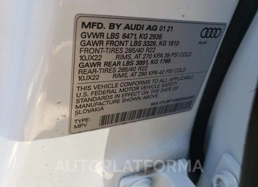 AUDI Q8 PRESTIG 2021 vin WA1FVBF12MD024350 from auto auction Copart