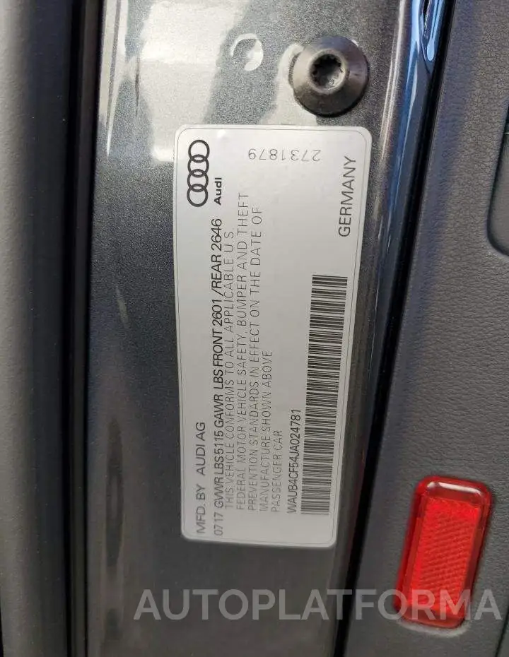 AUDI S5 PREMIUM 2018 vin WAUB4CF54JA024781 from auto auction Copart