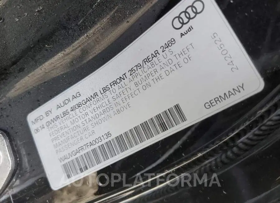 AUDI S5 PRESTIG 2015 vin WAUVGAFR7FA003135 from auto auction Copart