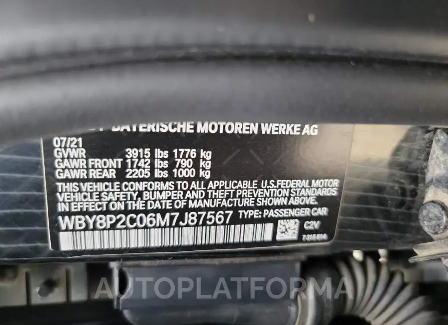 BMW I3 BEV 2021 vin WBY8P2C06M7J87567 from auto auction Copart