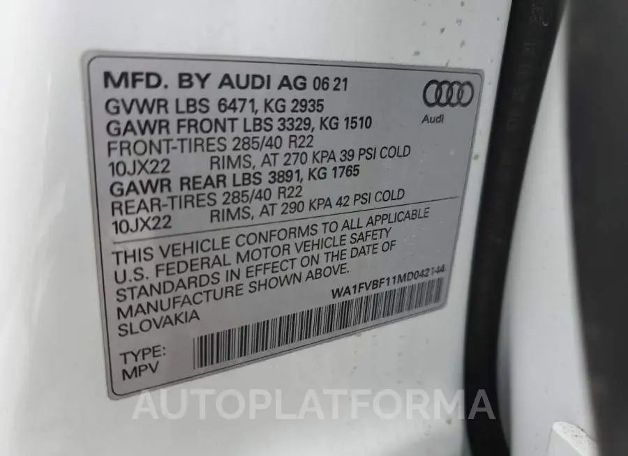 AUDI Q8 PRESTIG 2021 vin WA1FVBF11MD042144 from auto auction Copart