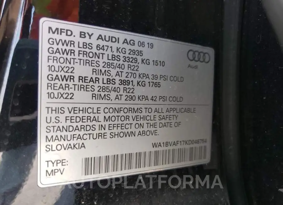 AUDI Q8 PREMIUM 2019 vin WA1BVAF17KD046754 from auto auction Copart