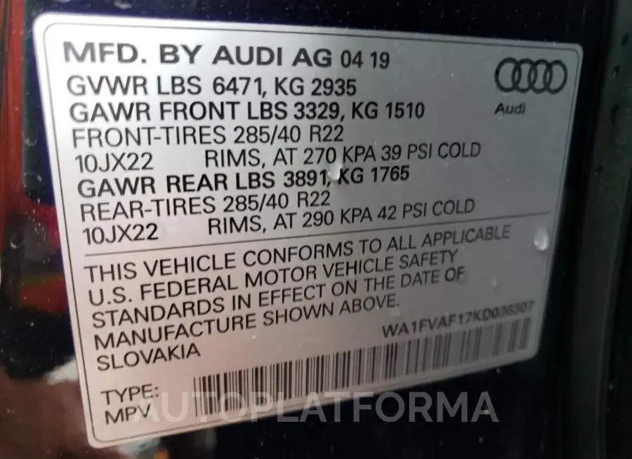 AUDI Q8 PRESTIG 2019 vin WA1FVAF17KD036307 from auto auction Copart