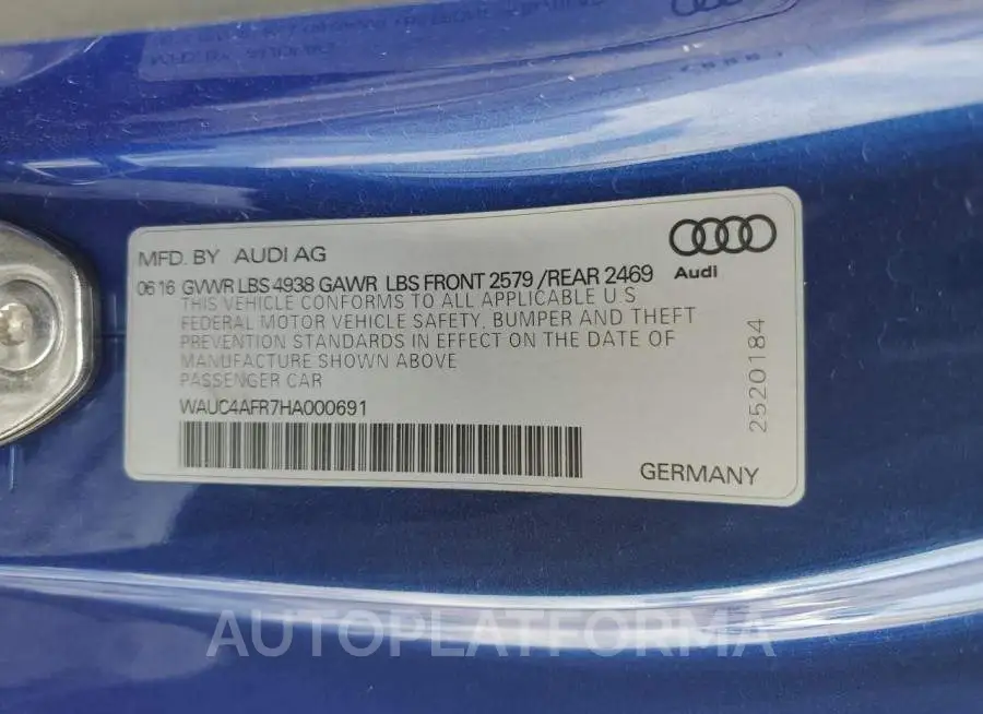 AUDI S5 2017 vin WAUC4AFR7HA000691 from auto auction Copart