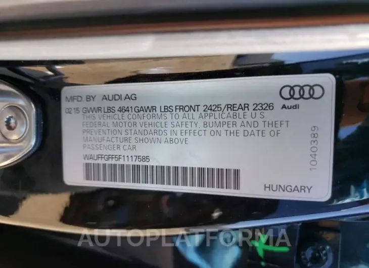 AUDI S3 PRESTIG 2015 vin WAUFFGFF5F1117585 from auto auction Copart