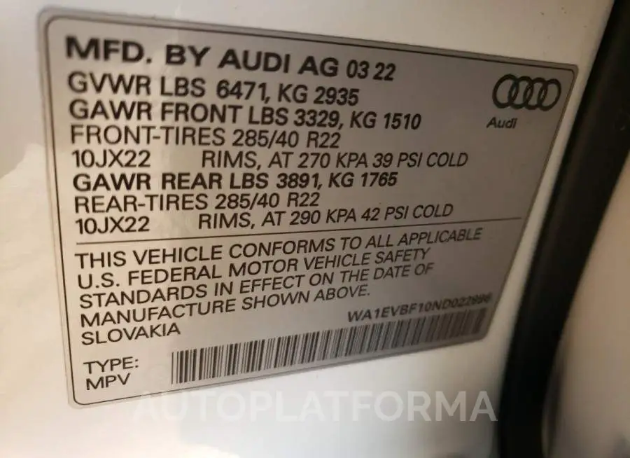 AUDI Q8 PREMIUM 2022 vin WA1EVBF10ND022996 from auto auction Copart