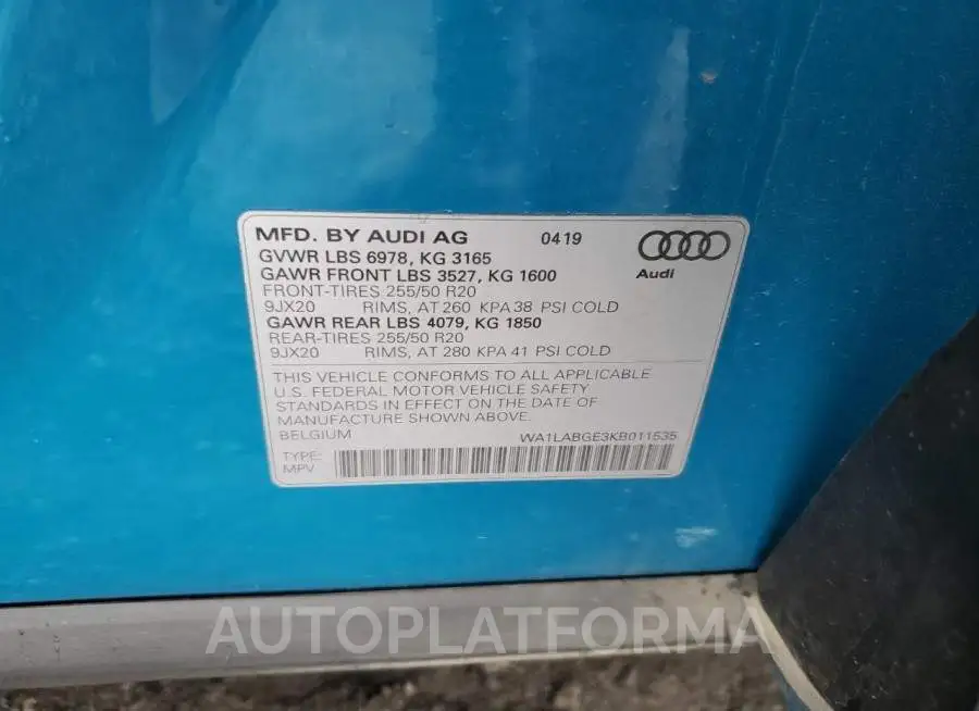 AUDI E-TRON PRE 2019 vin WA1LABGE3KB011535 from auto auction Copart