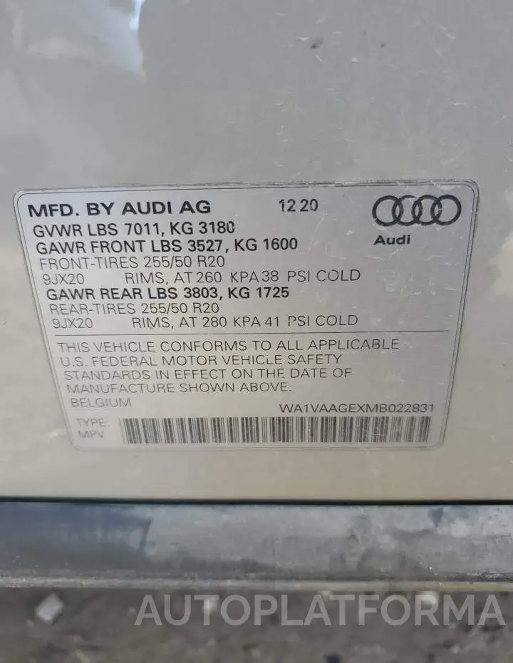 AUDI E-TRON PRE 2021 vin WA1VAAGEXMB022831 from auto auction Copart