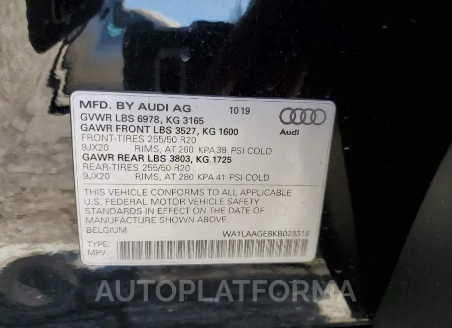 AUDI E-TRON PRE 2019 vin WA1LAAGE8KB023318 from auto auction Copart