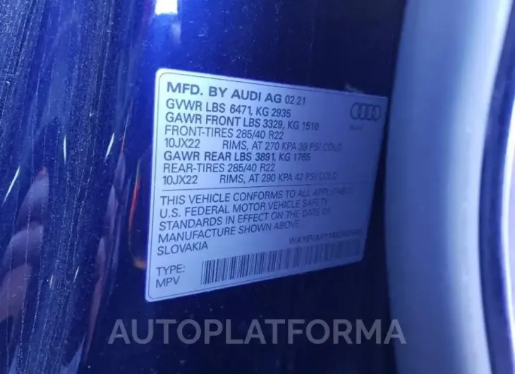 AUDI Q8 PREMIUM 2021 vin WA1EVAF11MD028489 from auto auction Copart