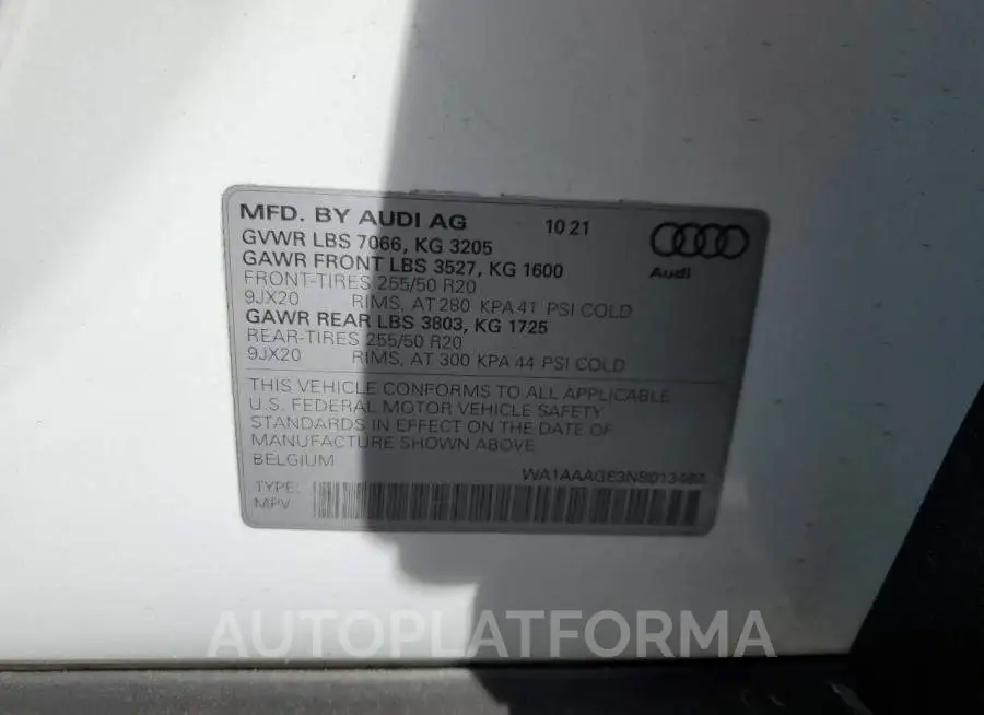 AUDI E-TRON PRE 2022 vin WA1AAAGE3NB013467 from auto auction Copart