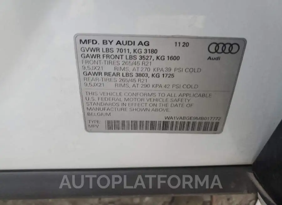 AUDI E-TRON PRE 2021 vin WA1VABGE9MB017772 from auto auction Copart