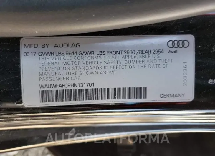 AUDI S7 PREMIUM 2017 vin WAUWFAFC9HN131701 from auto auction Copart