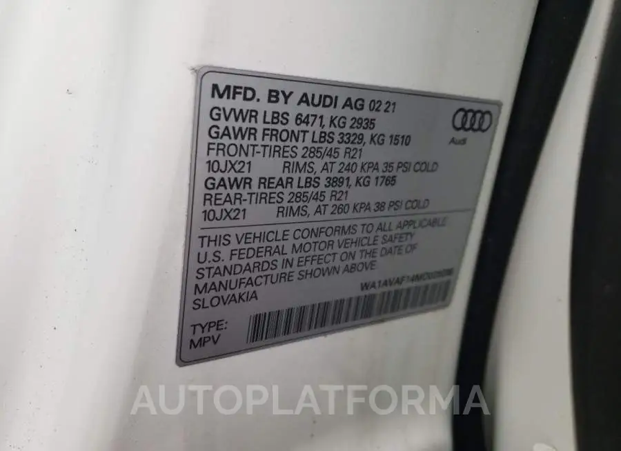 AUDI Q8 PREMIUM 2021 vin WA1AVAF14MD028288 from auto auction Copart