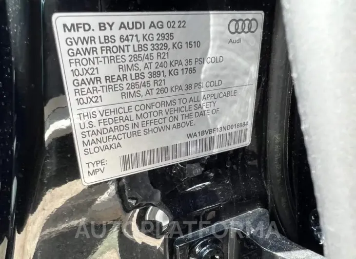 AUDI Q8 PREMIUM 2022 vin WA1BVBF13ND016984 from auto auction Copart