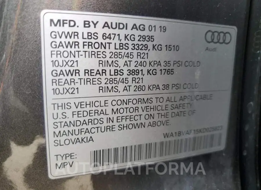 AUDI Q8 PREMIUM 2019 vin WA1BVAF15KD025823 from auto auction Copart