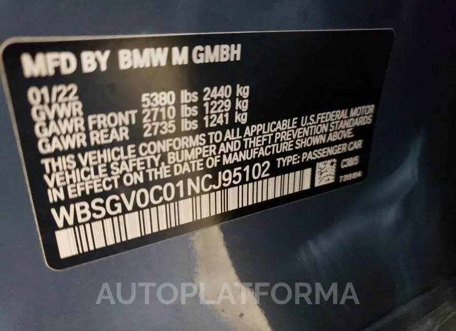 BMW M8 2022 vin WBSGV0C01NCJ95102 from auto auction Copart