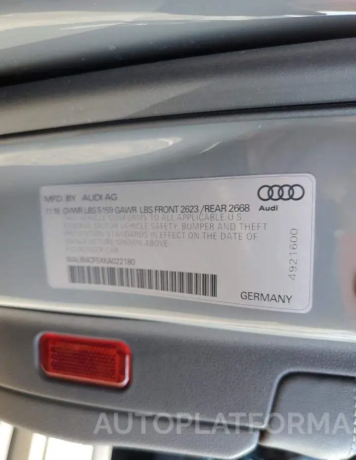 AUDI S5 PREMIUM 2019 vin WAUB4CF5XKA022180 from auto auction Copart