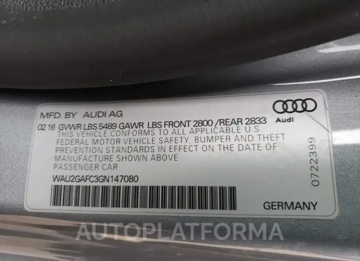 AUDI A7 PRESTIG 2016 vin WAU2GAFC3GN147080 from auto auction Copart