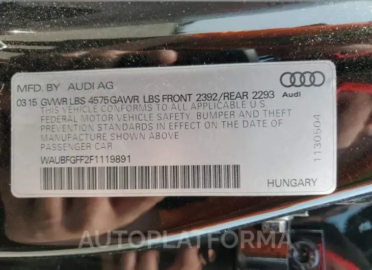 AUDI S3 PREMIUM 2015 vin WAUBFGFF2F1119891 from auto auction Copart