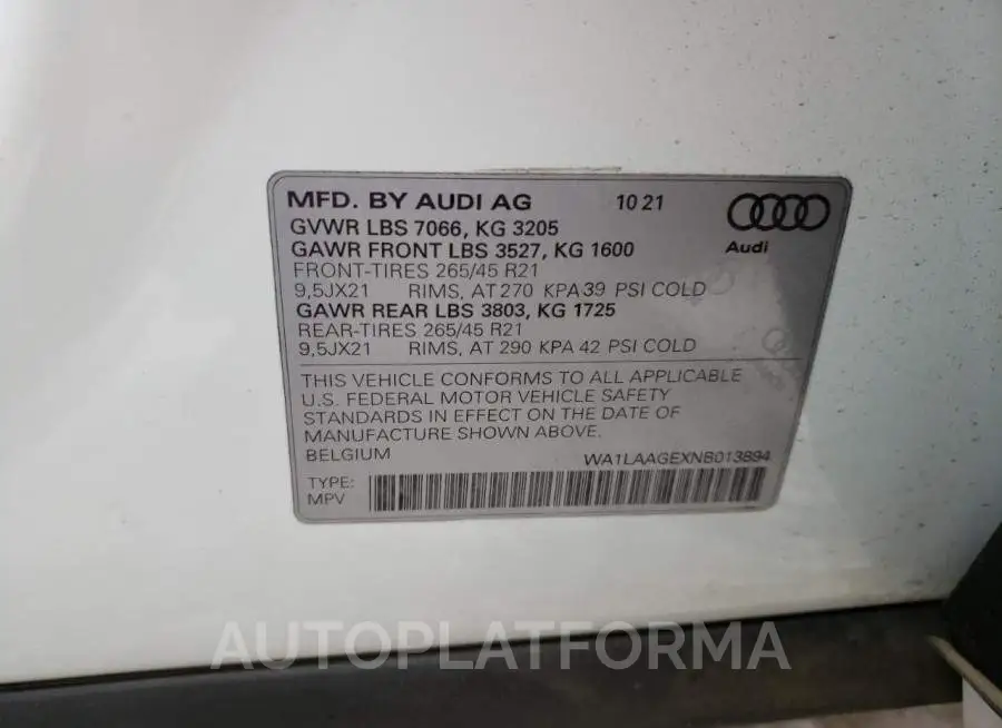 AUDI E-TRON PRE 2022 vin WA1LAAGEXNB013894 from auto auction Copart