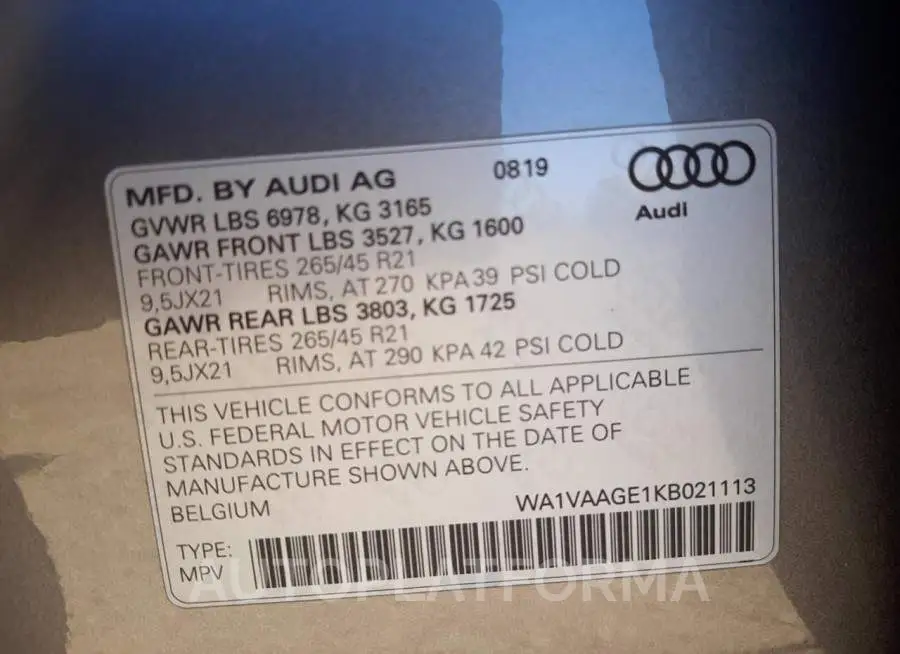 AUDI E-TRON PRE 2019 vin WA1VAAGE1KB021113 from auto auction Copart