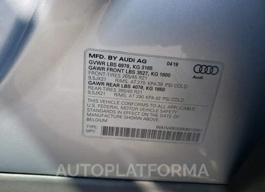 AUDI E-TRON PRE 2019 vin WA1VABGE6KB010341 from auto auction Copart