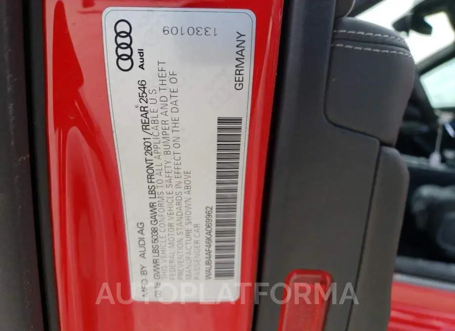 AUDI S4 PREMIUM 2019 vin WAUB4AF46KA069962 from auto auction Copart