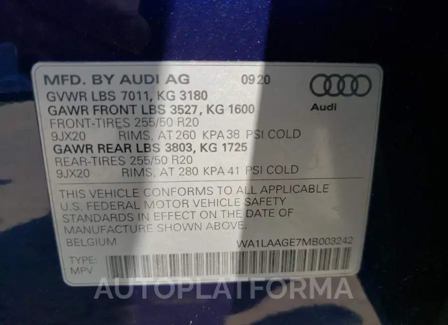 AUDI E-TRON PRE 2021 vin WA1LAAGE7MB003242 from auto auction Copart