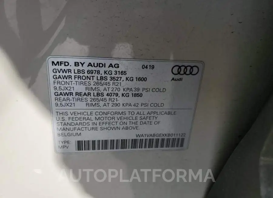 AUDI E-TRON PRE 2019 vin WA1VABGEXKB011122 from auto auction Copart