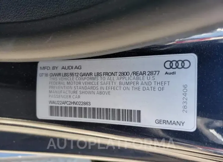 AUDI A7 PRESTIG 2017 vin WAU22AFC2HN022863 from auto auction Copart