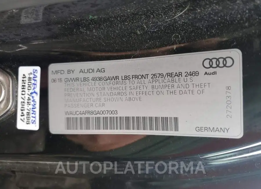 AUDI S5 PREMIUM 2016 vin WAUC4AFR8GA007003 from auto auction Copart