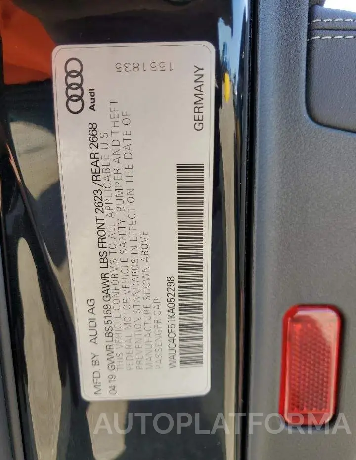 AUDI S5 PRESTIG 2019 vin WAUC4CF51KA052298 from auto auction Copart