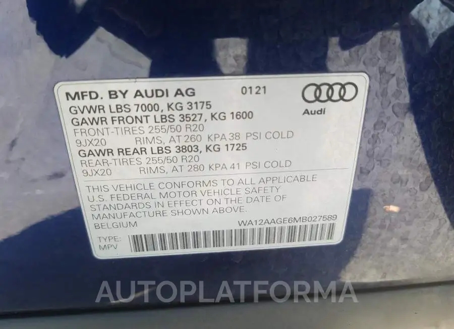 AUDI E-TRON SPO 2021 vin WA12AAGE6MB027589 from auto auction Copart