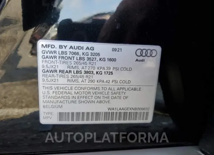 AUDI E-TRON PRE 2022 vin WA1LAAGEXNB008632 from auto auction Copart