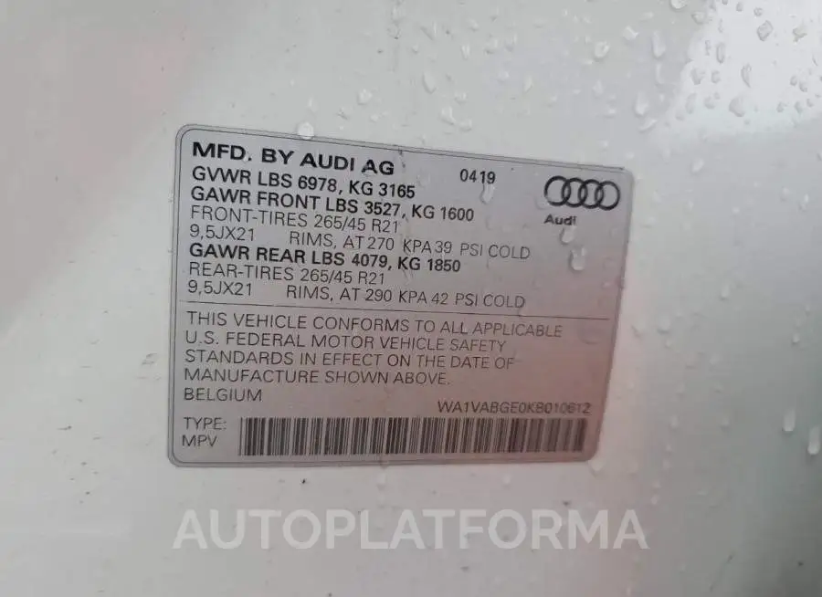 AUDI E-TRON PRE 2019 vin WA1VABGE0KB010612 from auto auction Copart