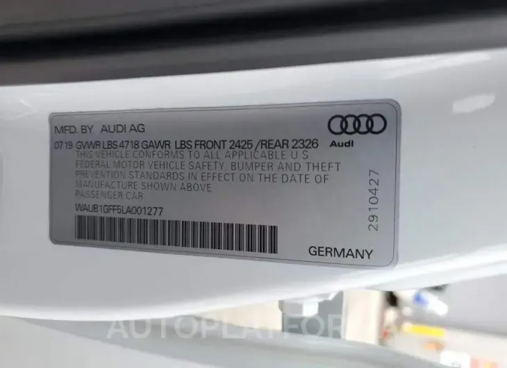 AUDI S3 PREMIUM 2020 vin WAUB1GFF5LA001277 from auto auction Copart