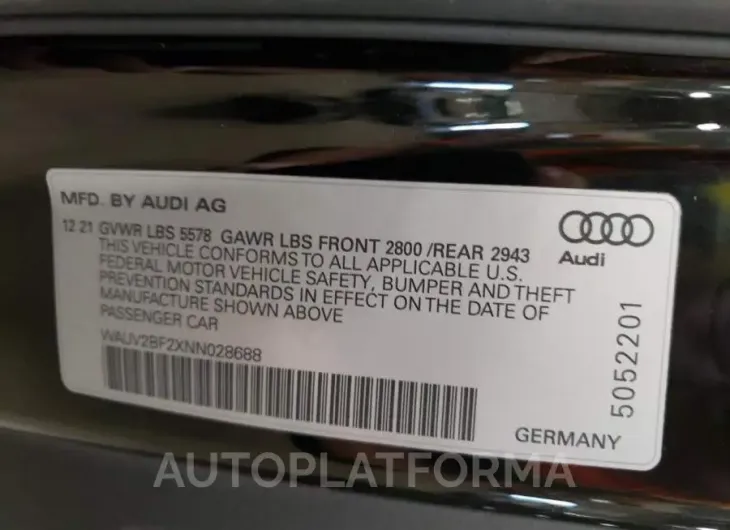 AUDI A7 PRESTIG 2022 vin WAUV2BF2XNN028688 from auto auction Copart