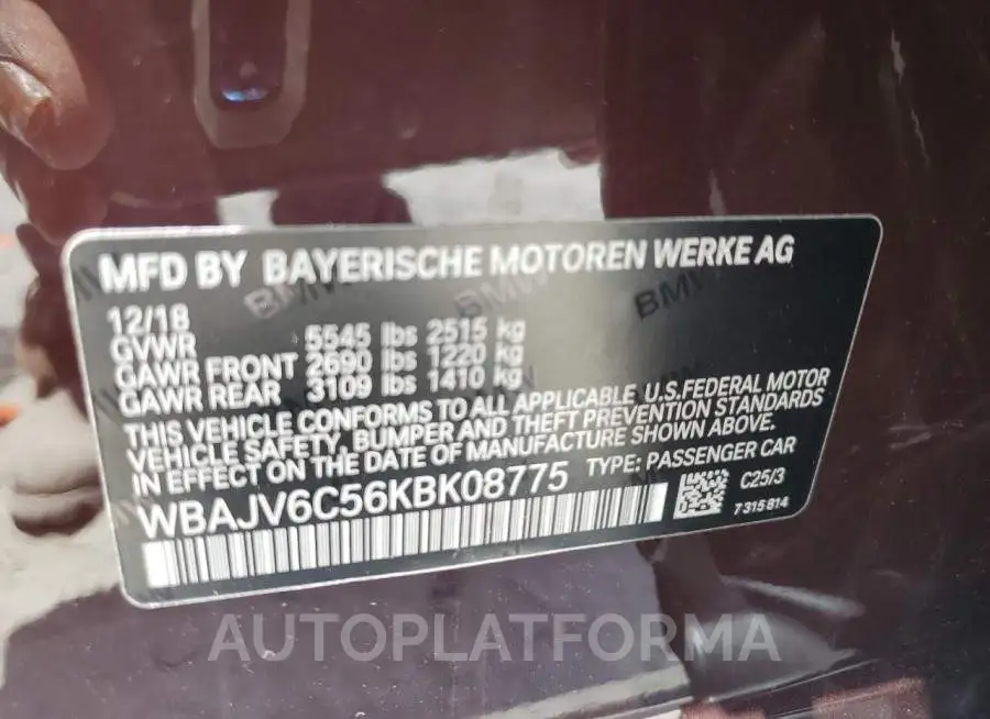 BMW 640 XIGT 2019 vin WBAJV6C56KBK08775 from auto auction Copart