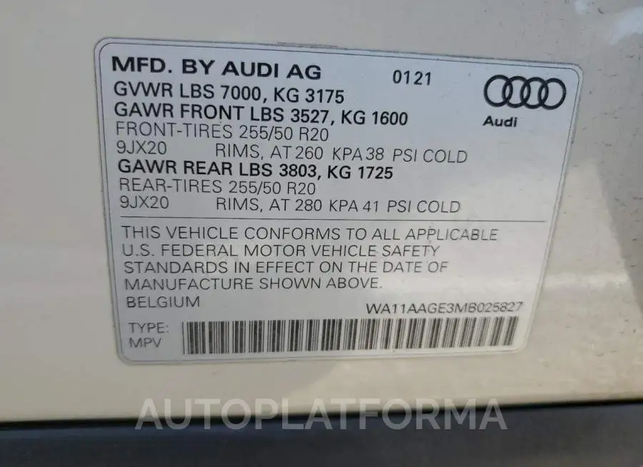 AUDI E-TRON SPO 2021 vin WA11AAGE3MB025827 from auto auction Copart