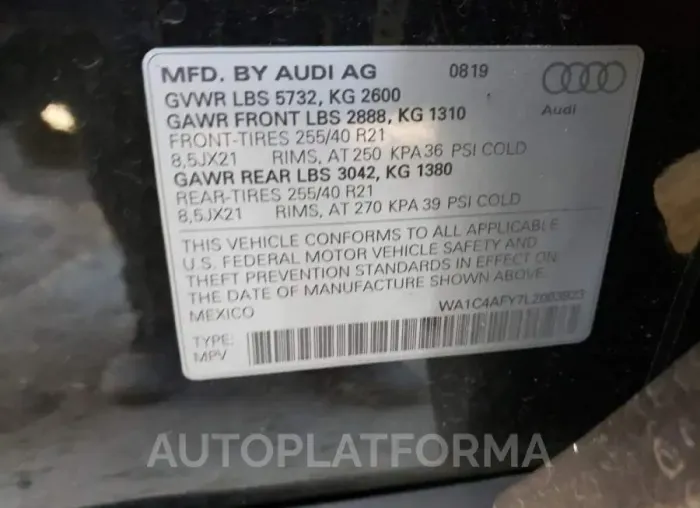 AUDI SQ5 PRESTI 2020 vin WA1C4AFY7L2003923 from auto auction Copart