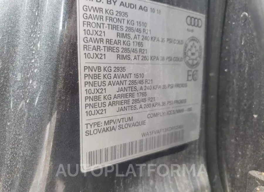 AUDI Q8 PRESTIG 2019 vin WA1FVAF13KD012408 from auto auction Copart