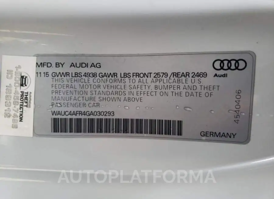 AUDI S5 PREMIUM 2016 vin WAUC4AFR4GA030293 from auto auction Copart