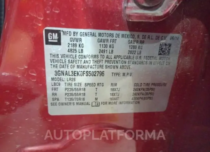 CHEVROLET CAPTIVA LT 2015 vin 3GNAL3EK0FS502796 from auto auction Copart